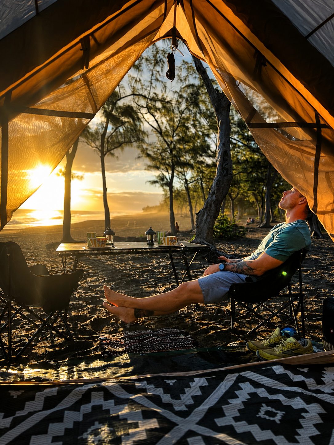 Détente dans le hamac sous la tente au coucher du soleil