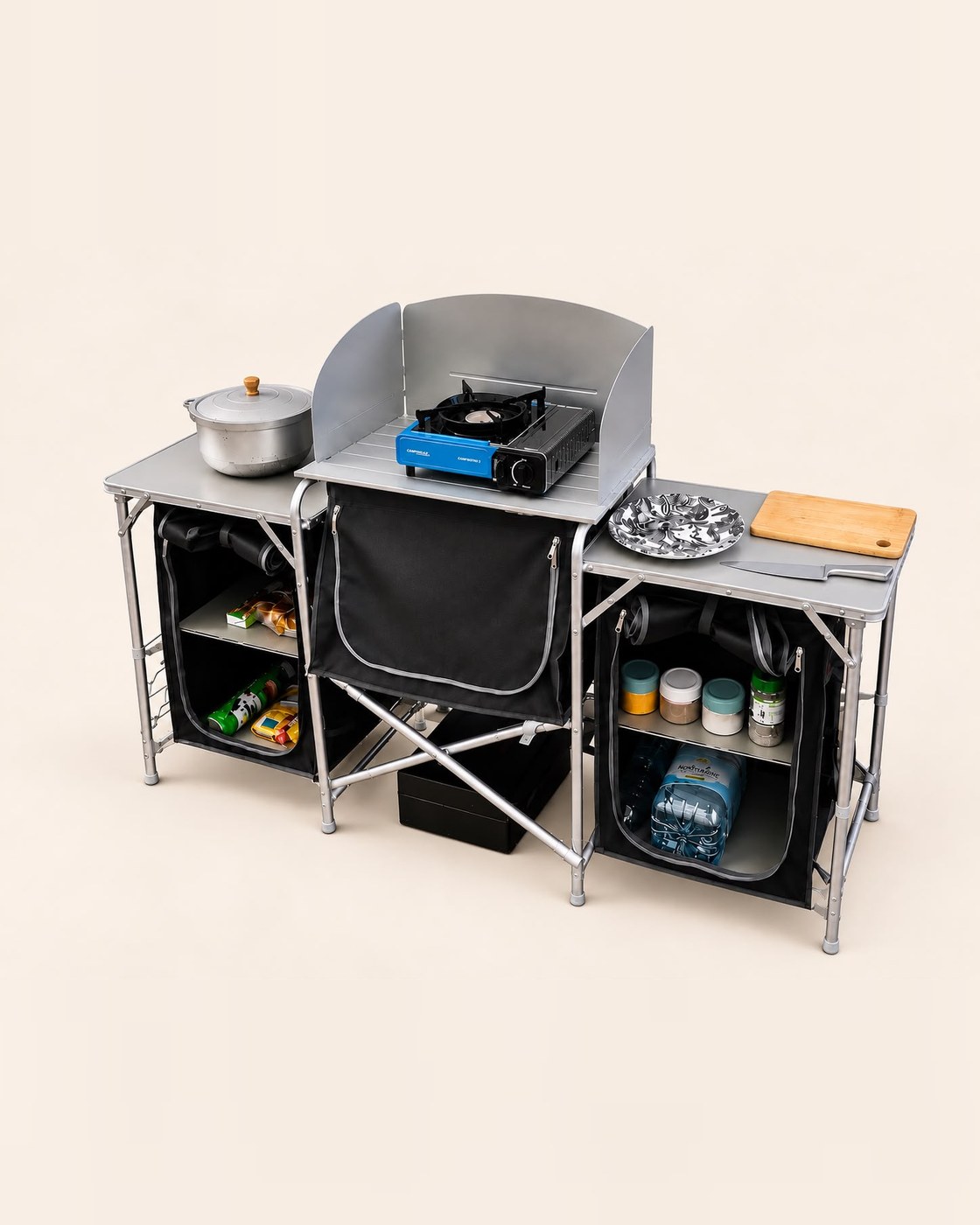 Cuisine pliable de camping avec plan de travail, réchaud, pare-vent et rangements