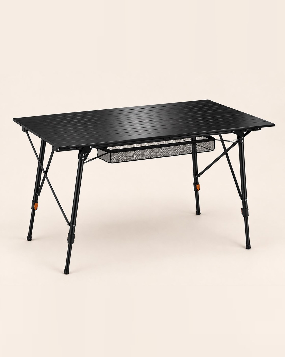 Table pliante noire de camping, réglable en hauteur, avec filet de rangement